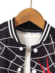 Boys Cool Spider Web Print Long Sleeve Color Block Drop Shoulder Varsity Baseball Jacket Coat