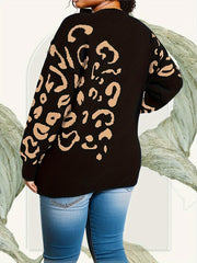 Plus Size Leopard Pattern Sweater, Casual Drop Shoulder Crew Neck Knitted Top, Women's Plus Size Clothing