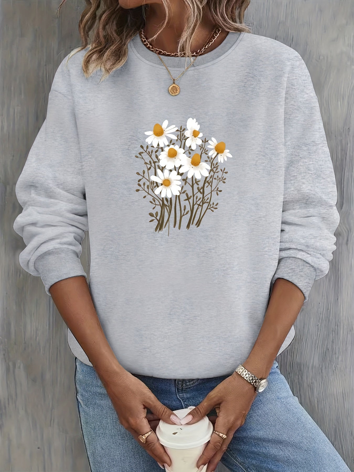 Trendy Womens Floral Graphic Sweatshirt - Soft & Cozy Crew Neck - Perfect for Autumn & Spring Wardrobe