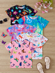 5pcs Girls Short Sleeve T-shirt Set - Lightweight & Soft Knit with Butterfly, Dinosaur, Flora & Heart Prints - Trendy Crew Neck Tee Tops for Casual Summer Wear, Daily Essential