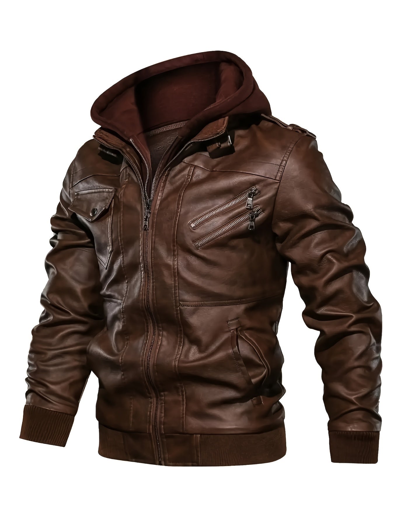 Mens Fashionable Hooded Jacket - Faux Leather, Utility Pockets, Versatile for All Seasons