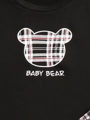 Bear Print Casual Set, Crew Neck Long Sleeve Top & Plaid Straight Leg Pants, Women's Clothing