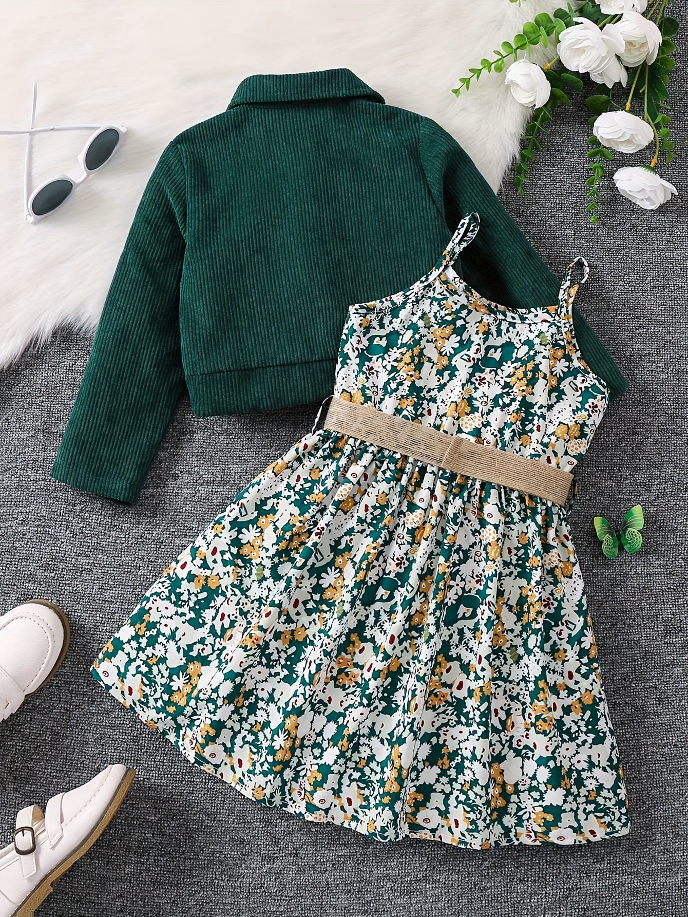 Vintage Floral Set Girls Outfit, Lady Style A-line Cami Dress + Corduroy Cardigan Jacket Two-piece Set For Spring/Fall