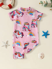 Toddler's Cartoon Rainbow Unicorn Pattern One-piece Swimsuit, Stretchy Short Sleeve Bathing Suit, Baby Girl's Swimwear For Summer Beach Holiday