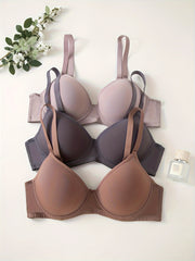 3pcs Solid Seamless Anti Sagging Underwire Bra, Simple Comfy Push Up Bra, Women's Lingerie & Underwear