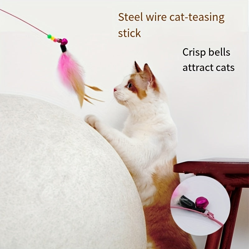 1pc Cat Toy, Steel Wire Bell Feather Tease Cat Stick, Elastic Steel Wire Feather Tease Cat Stick - Kerala Elegance