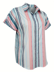 Striped Print Button Front Shirt, Casual Shorts Sleeve Shirt For Spring & Summer, Women's Clothing