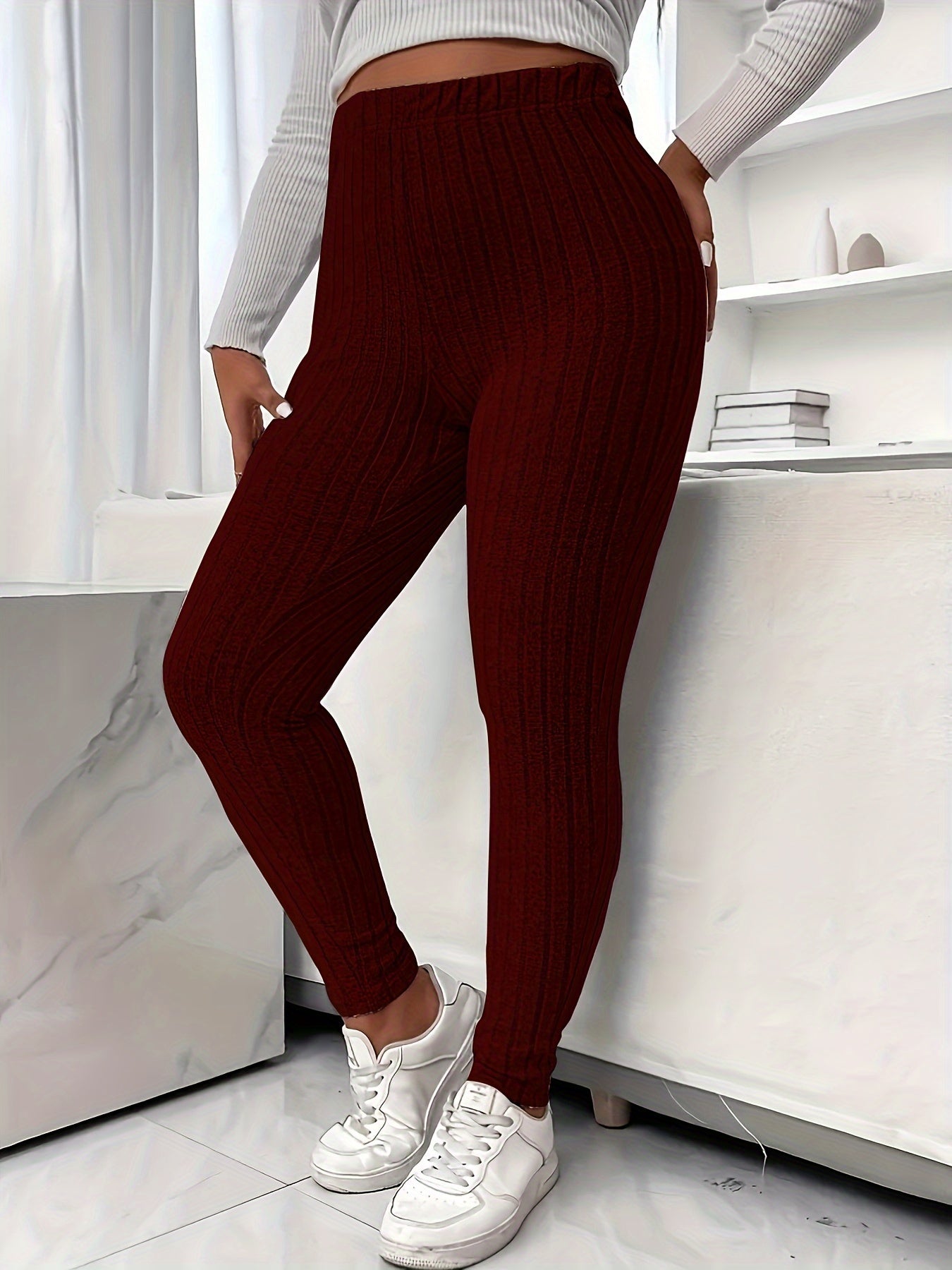 Plus Size Solid Ribbed Knit Leggings, Casual High Waist Leggings For Fall & Winter, Women's Plus Size Clothing