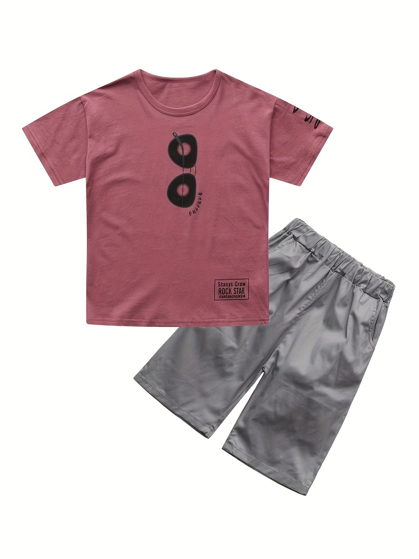 100% Cotton 2pcs, Glasses Graphic Short Sleeve Crew Neck T-shirt + Solid Color Shorts Set For Boys, Breathable Set Casual Summer Gift