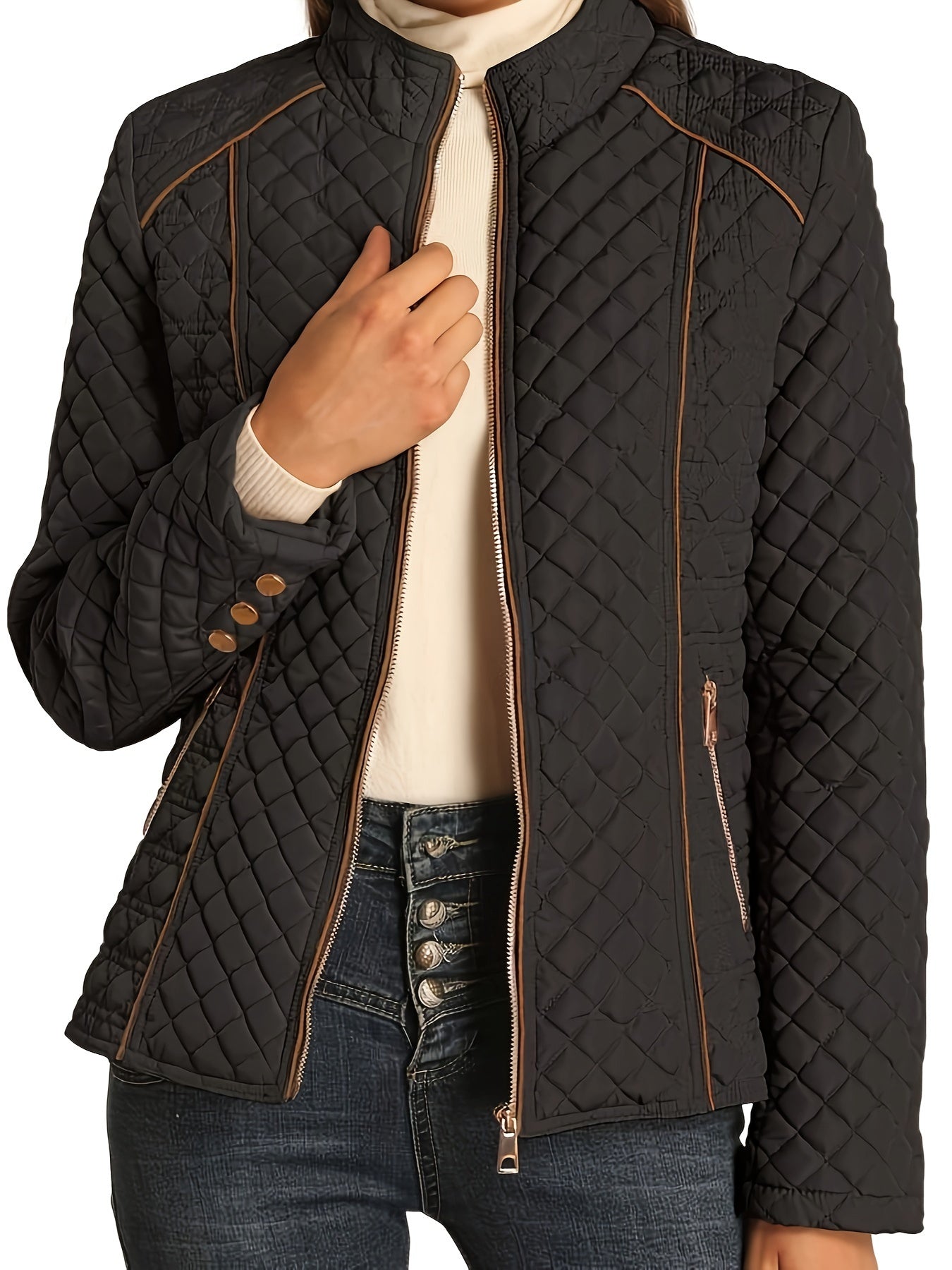 Argyle Quilted Zip Up Jacket Ciat, Elegant Long Sleeve Warm Outerwear For Fall & Winter, Women's Clothing