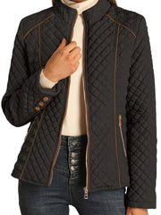 Argyle Quilted Zip Up Jacket Ciat, Elegant Long Sleeve Warm Outerwear For Fall & Winter, Women's Clothing