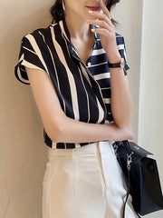 Stripe Print Button Front Blouse, Casual Short Batwing Sleeve Top For Spring & Summer, Women's Clothing