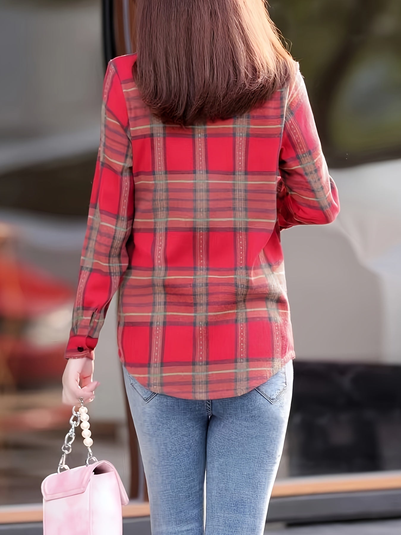 Plaid Print Button Front Blouse, Casual Long Sleeve Blouse For Spring & Fall, Women's Clothing