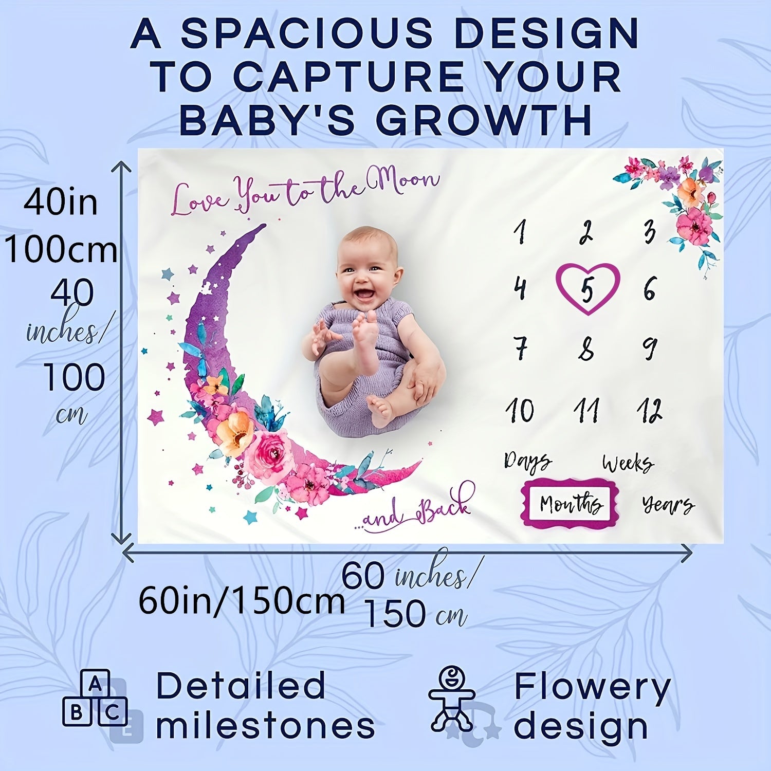 Extra Large Photography Baby Blanket - Capture Your Little Girl's First Year Growth With The Moon Baby Monthly Calendar! Christmas, Halloween, Thanksgiving Day Gift