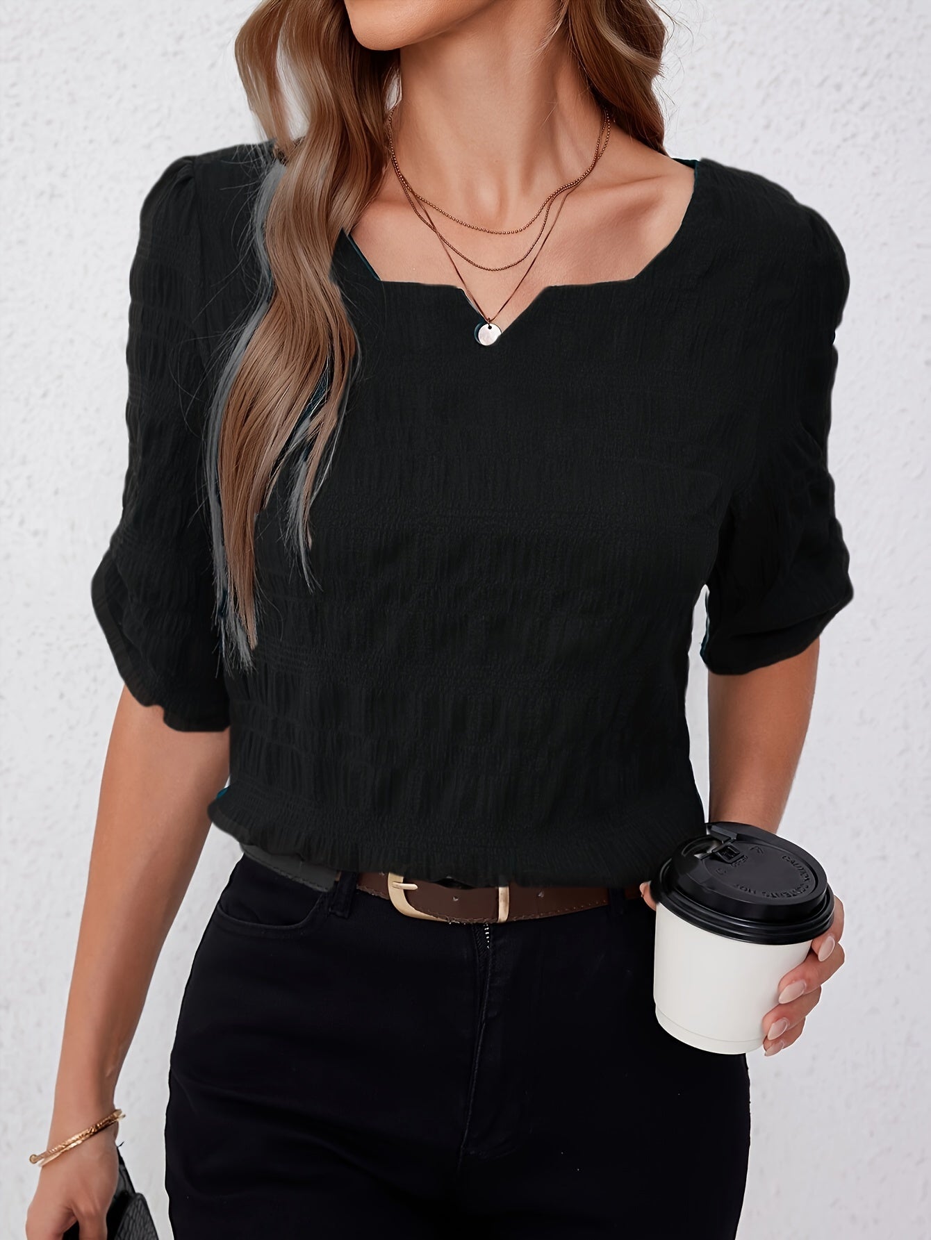 Solid Color Notch Neck Blouse, Casual Half Sleeve Blouse For Spring & Summer, Women's Clothing