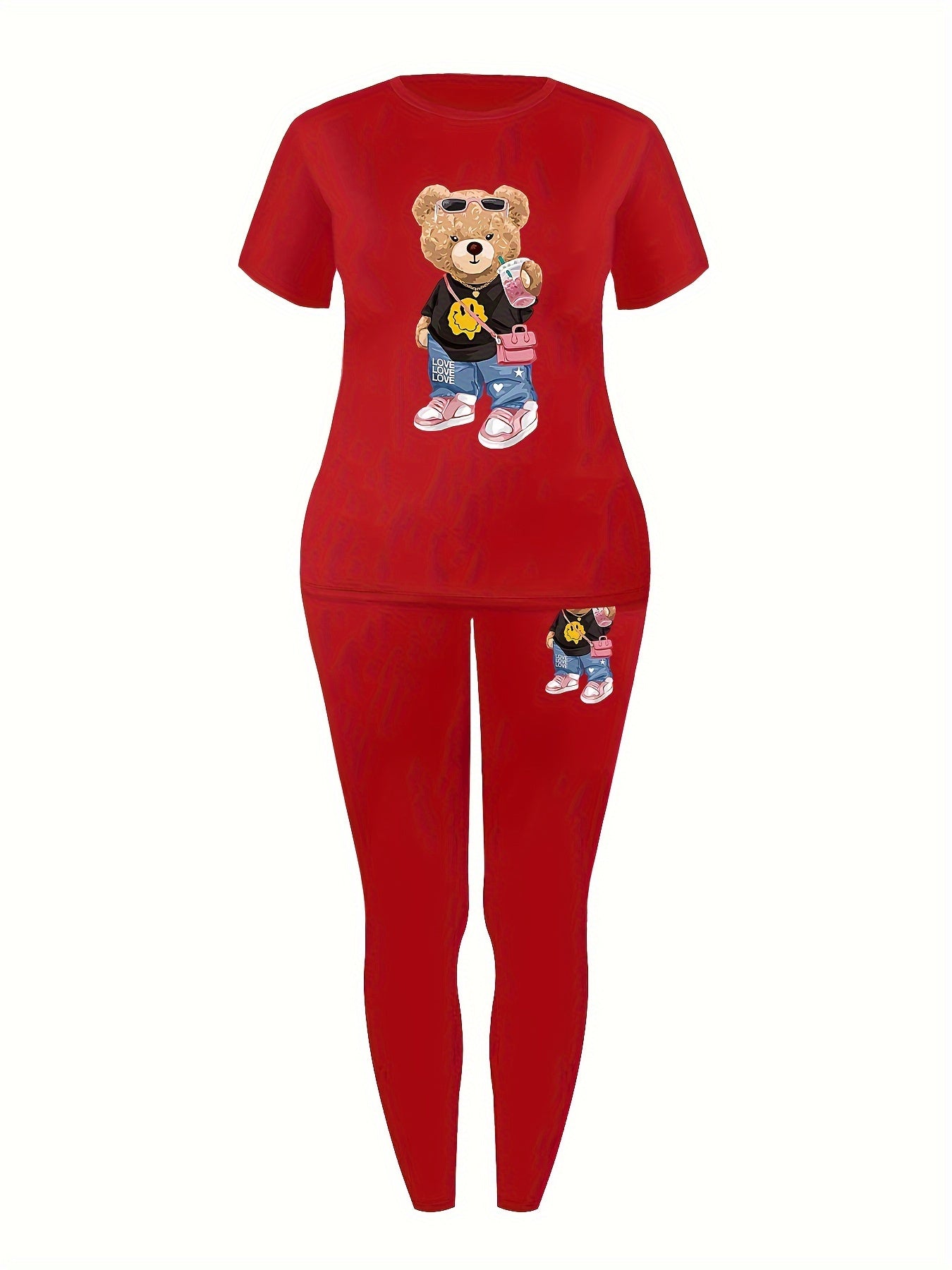 Casual Teddy Bear Print Two-piece, Crew Neck Short Sleeve T-shirt & Skinny Leggings Outfits, Women's Clothing