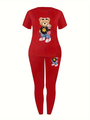 Casual Teddy Bear Print Two-piece, Crew Neck Short Sleeve T-shirt & Skinny Leggings Outfits, Women's Clothing