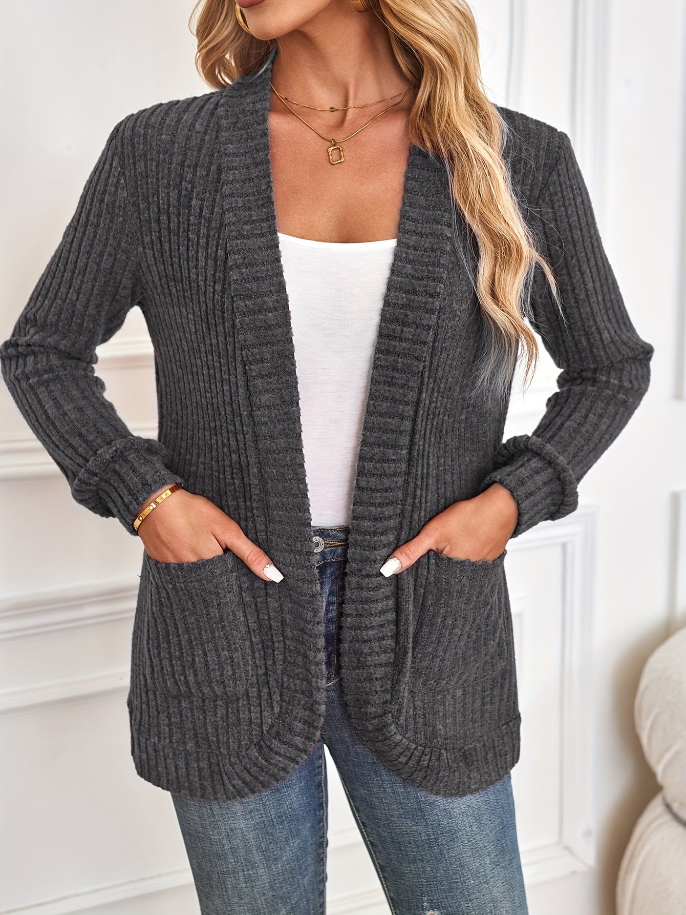 Trendy Solid Open Front Cardigan - Long Sleeve Drop Shoulder Outwear - Stylish & Comfortable for Spring to Fall - Perfect Womens Wardrobe Staple