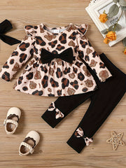 Fall/Winter Chic: Baby Girls' Leopard Print 3-Piece Outfit - Knit Flying Sleeve Top, Bow Pants & Headband, Easy Care