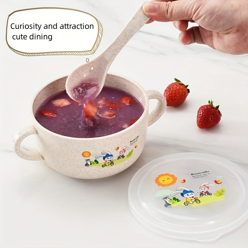 Cartoon Bowl, Children Tableware, Anti-fall, Insulated Food Supplement Bowl With Two Handles, Baby Feeding Bowl With Lid, Microwave Safe, Suitable For Infant, Food Supplement Fruit Cute Bowl