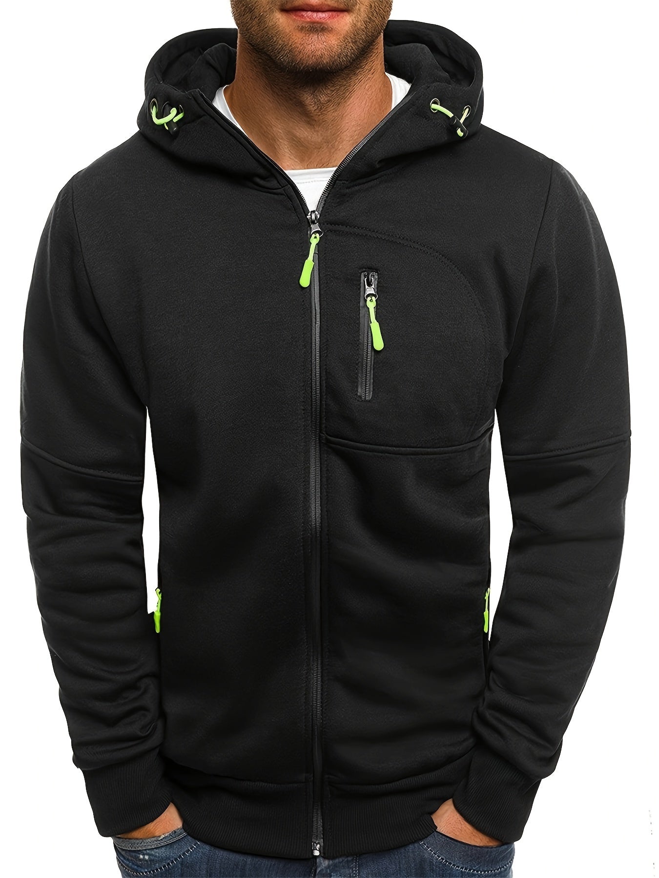 Men's Solid Hooded Long Sleeve Zip Up Sweatshirt Jacket With Multiple Zippered Pockets, Versatile And Chic Hoodie Jacket For Casual, Outdoors And Fitness Wear