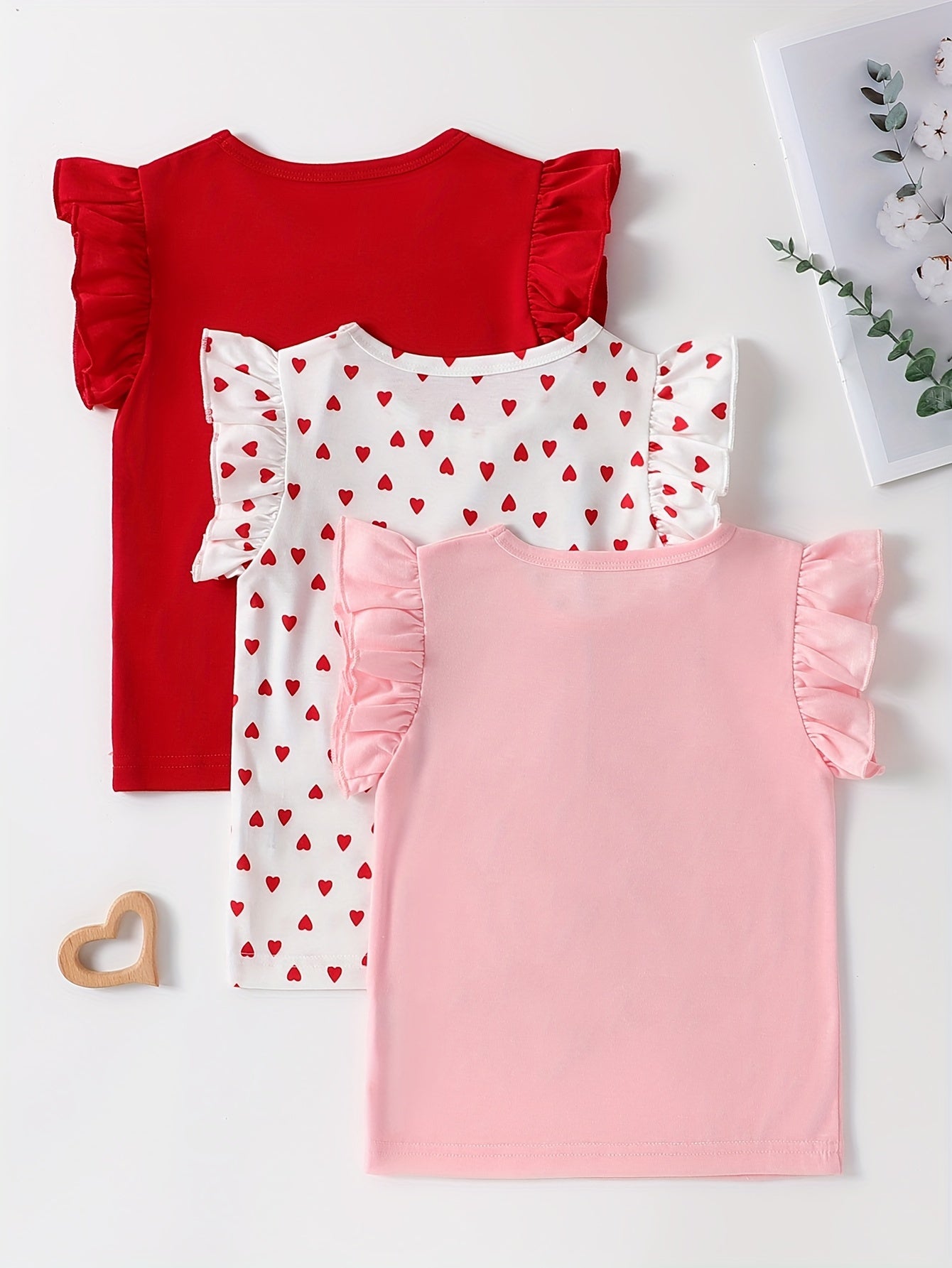 3pcs Girls Adorable Heart Graphic Solid Color Ruffle Trim T-shirt Set - Perfect for Summer Parties & Valentines Day Gifts