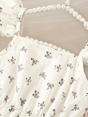 Ditsy Floral Pattern Ruffle Suspender Blouse Top For Girls - Versatile For Holiday & Casual Outings