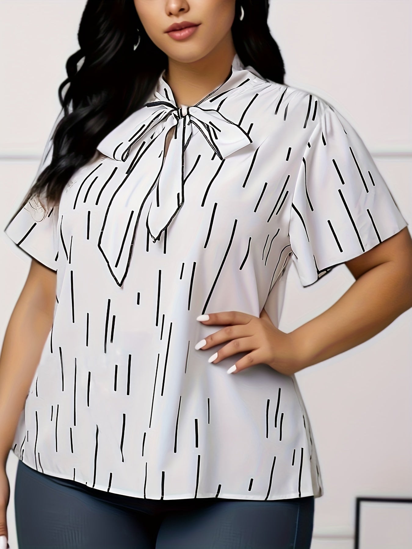 Plus Size Striped Print Top, Casual Knot Short Sleeve Top, Women's Plus Size Clothing