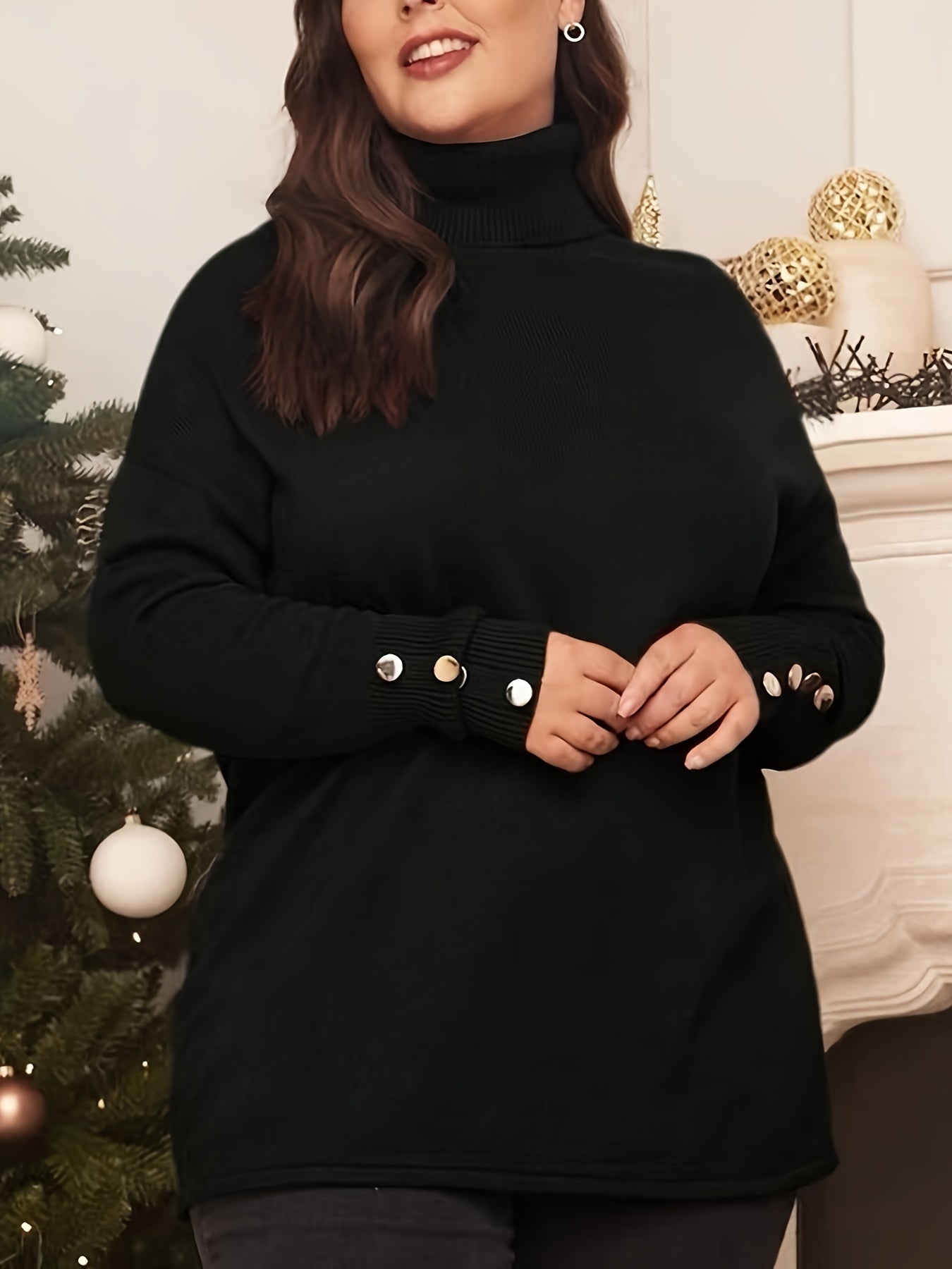 Plus Size Elegant Sweater, Women's Plus Button Decor Long Sleeve Turtleneck Slight Stretch Pullover Jumper