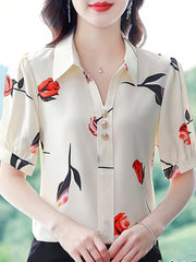 Floral Print Button Decor Shirt, Elegant Short Sleeve Collared Top For Spring & Summer, Women's Clothing