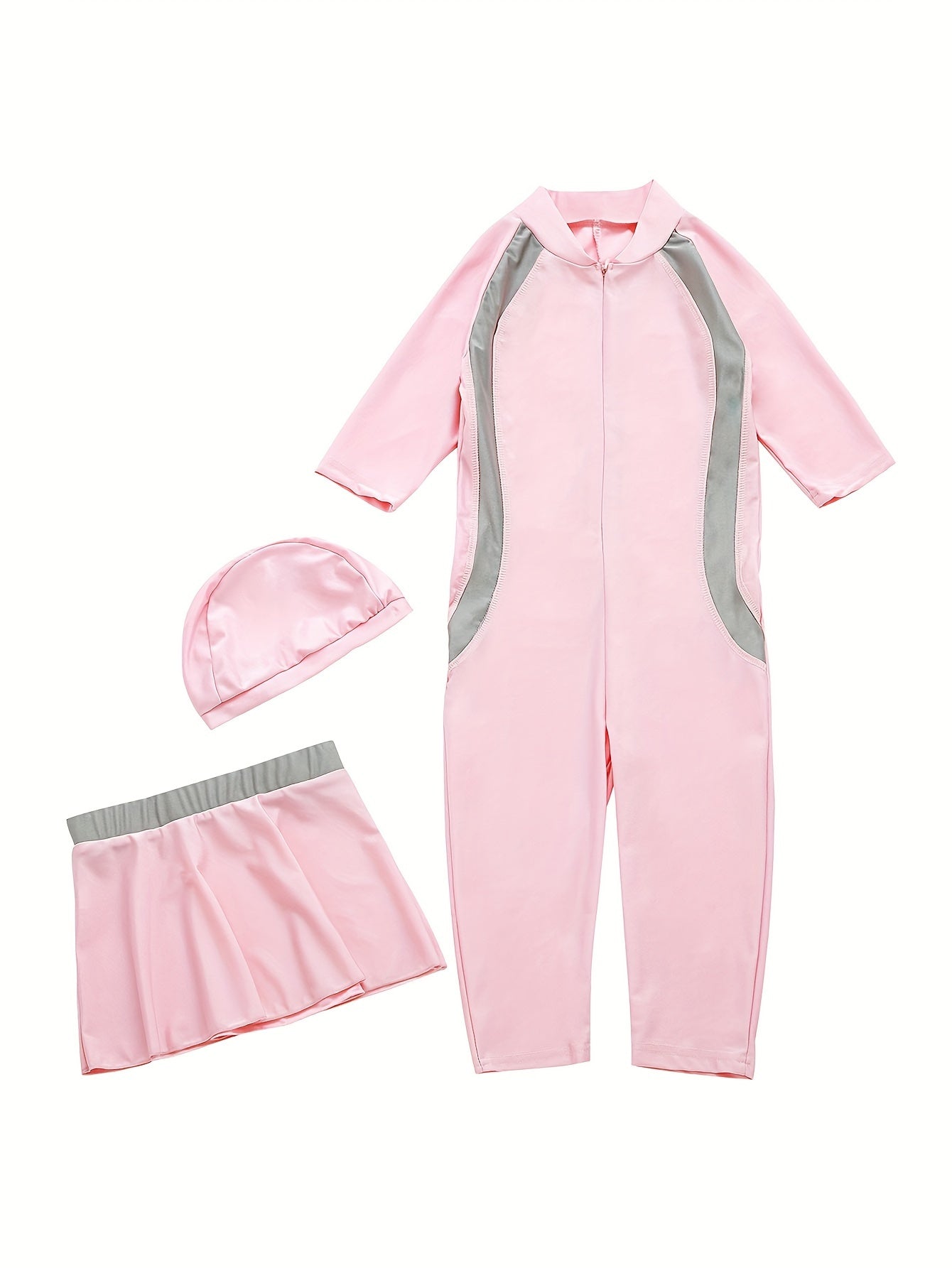 Girls Swimsuit Set, Long Sleeve And Pants Swimwear With Detachable Skirt And Cap, Sporty Style Beachwear