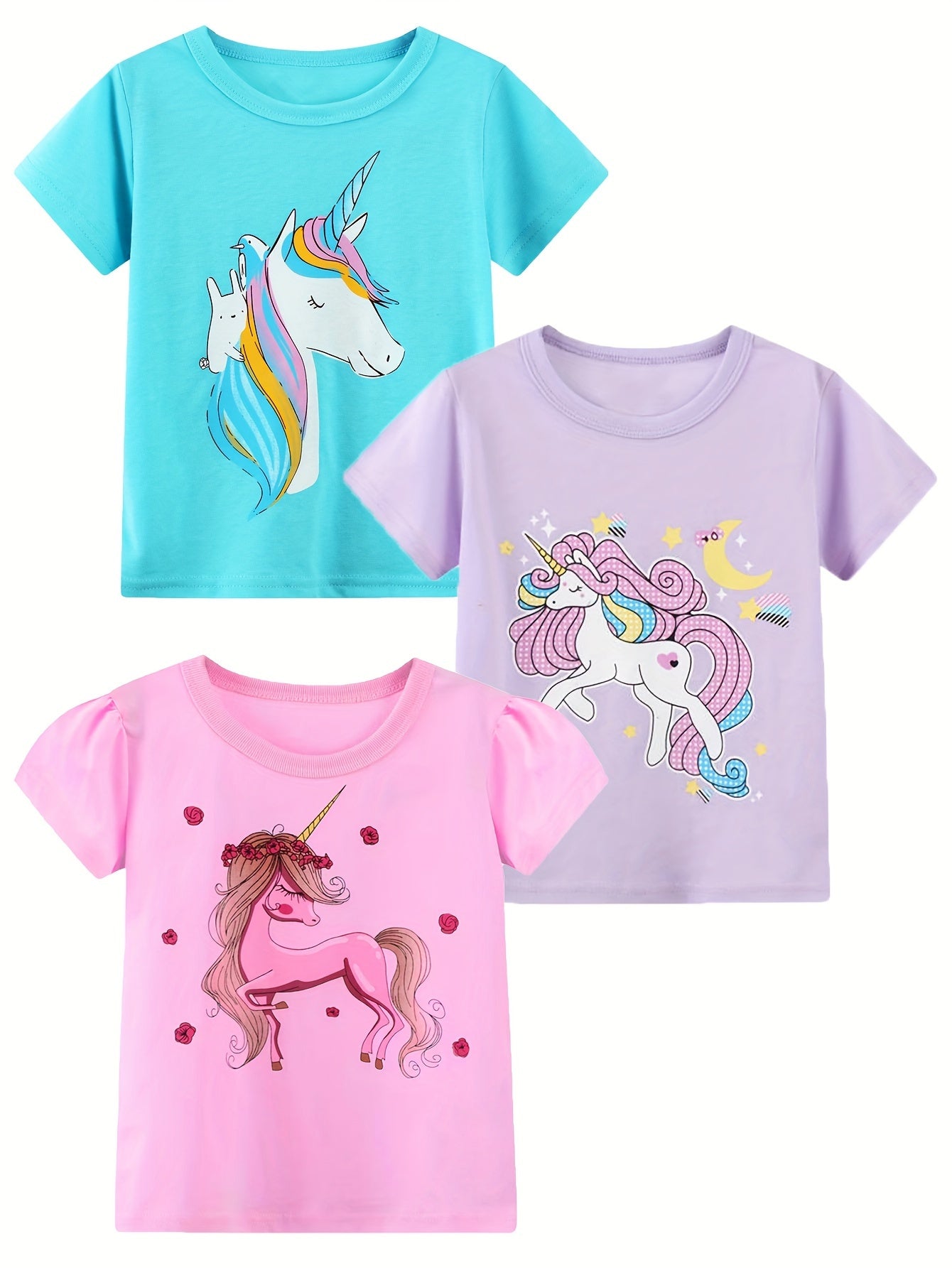 3pcs 100% Cotton Girls Comfy Unicorn Graphic Short Sleeve T-shirt Set Summer Clothes Party Gift