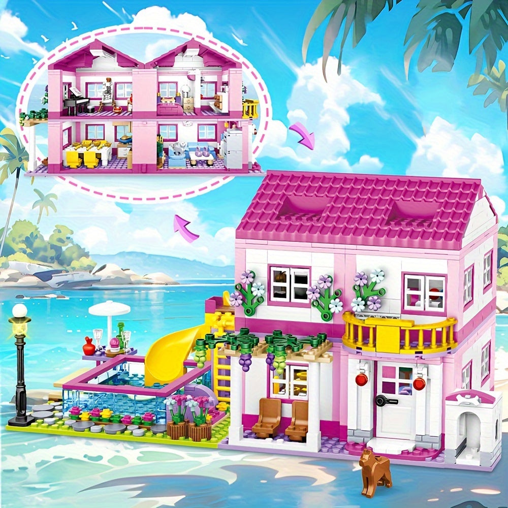 Summer Villa Castle Building Blocks Set For Girls - City Street View With Swimming Pool, Diy Pretend Play Toy - Perfect Christmas, Birthday Gift For Ages 14+