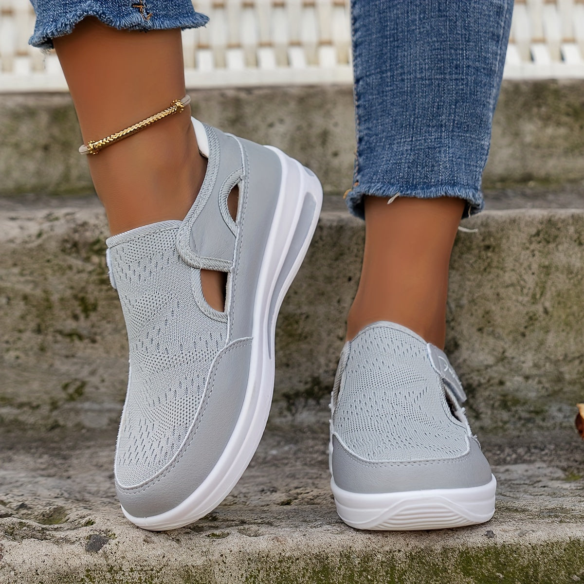 Women's Solid Color Sneakers, Breathable Knit Low Top Outdoor Shoes, Women's Comfortable Shoes