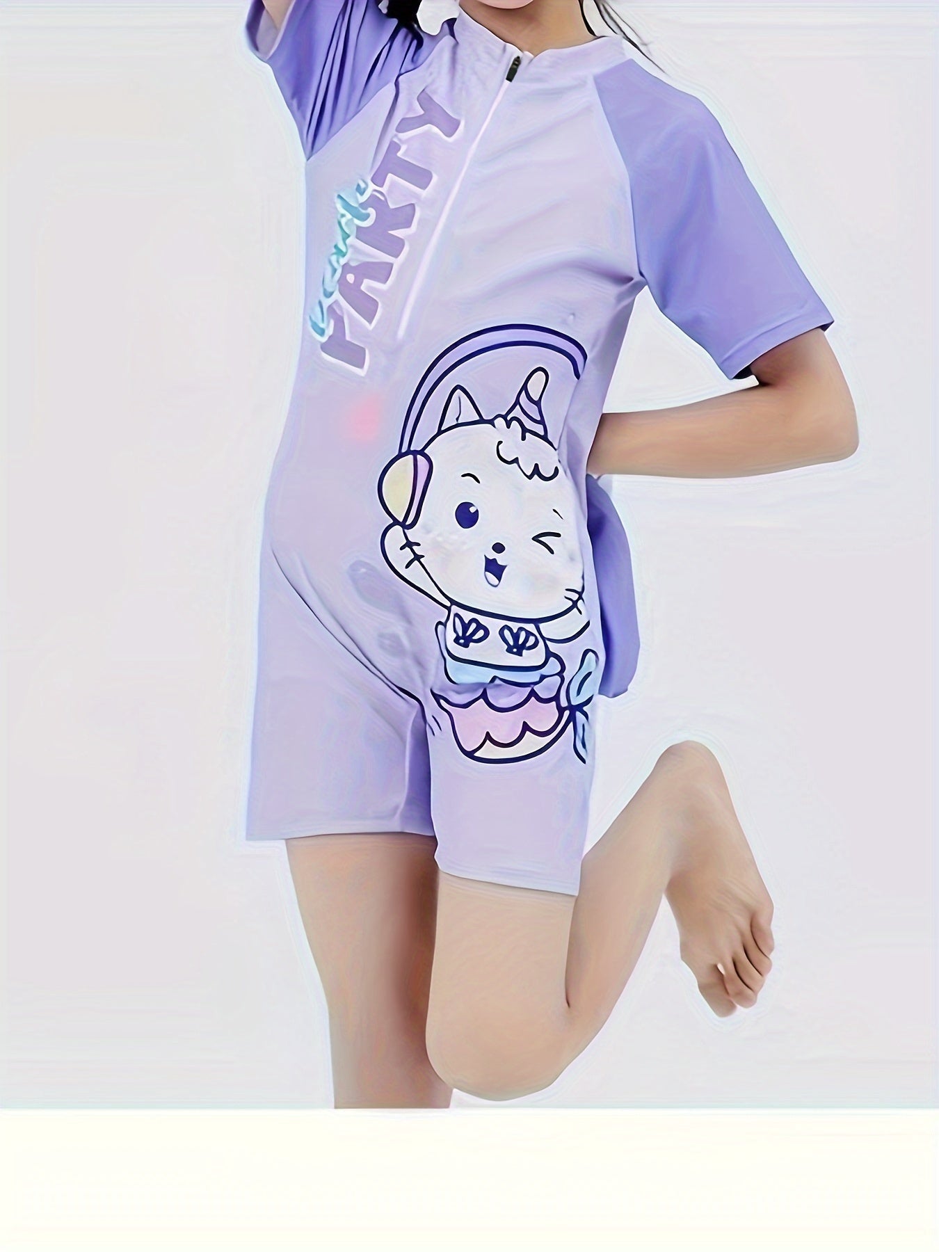 Cartoon BEACH PARTY Short Sleeve 1-Piece Jumpsuit Swimwear For Girls, Holiday Seaside Pool Swimming Suits Beachwear