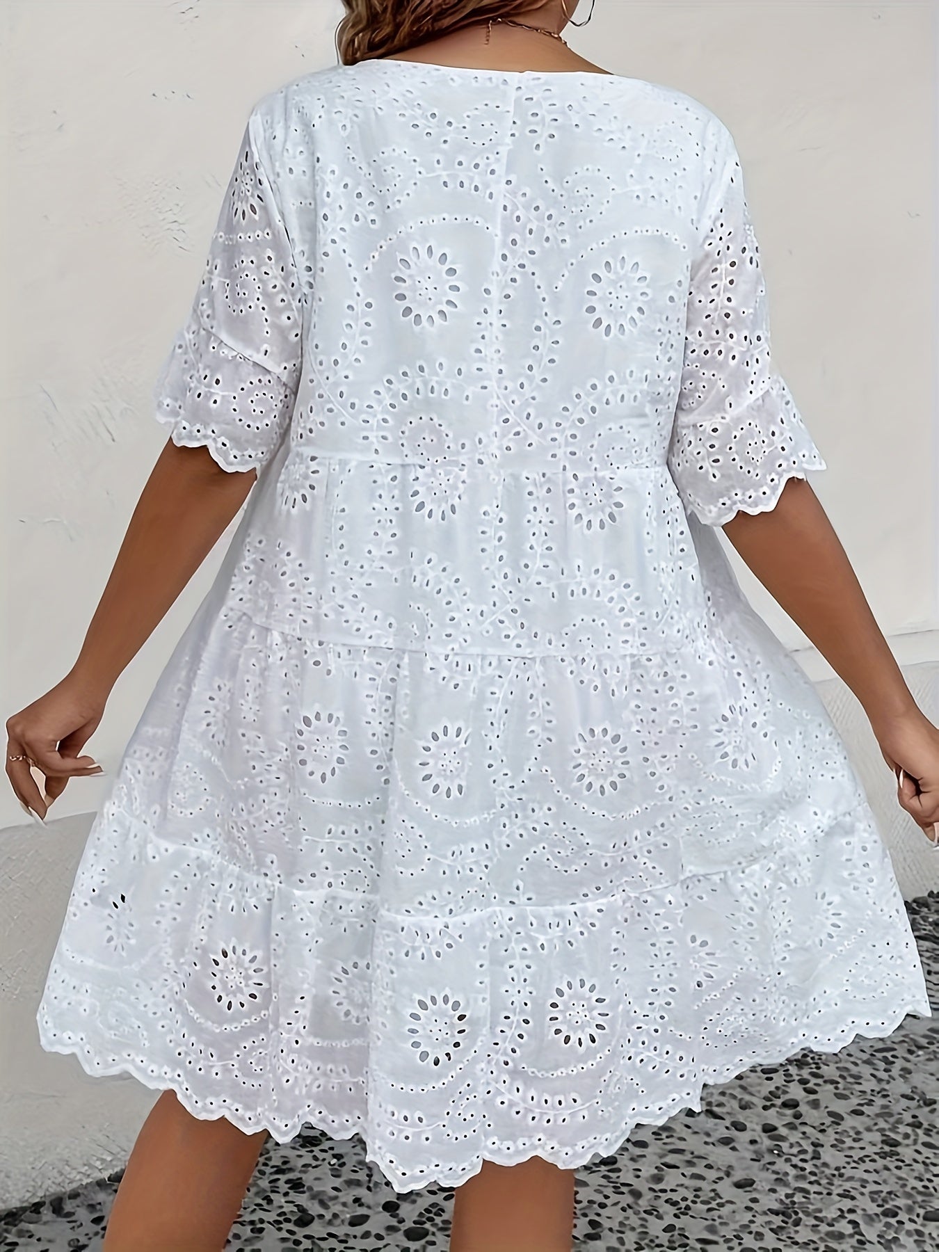 Plus Size Eyelet Embroidery Solid Dress, Elegant Scallop Trim Cut Out Short Sleeve Crew Neck Dress, Women's Plus Size Clothing