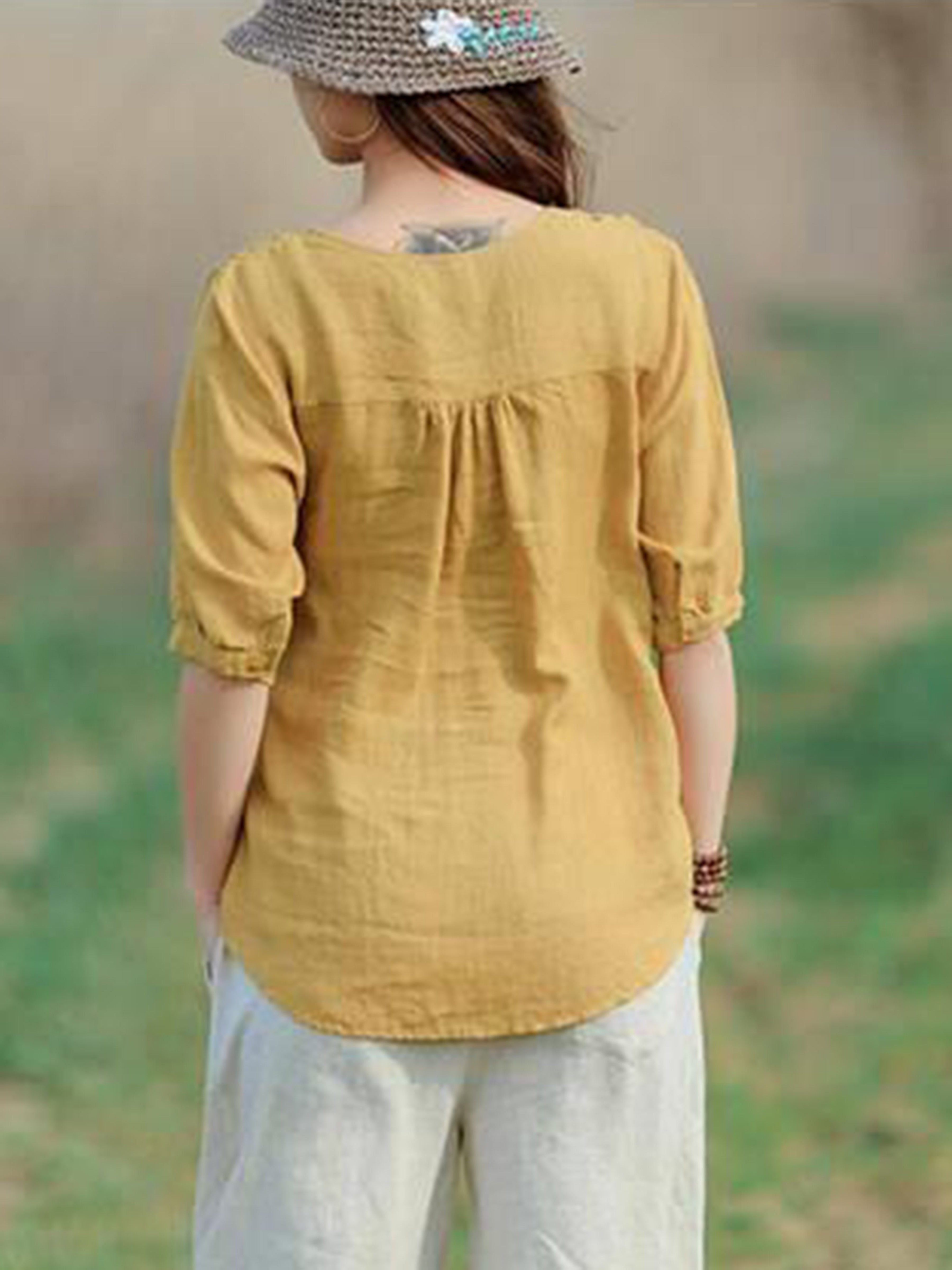 Embroidered Solid Blouse, Elegant V Neck Half Sleeve Blouse, Women's Clothing