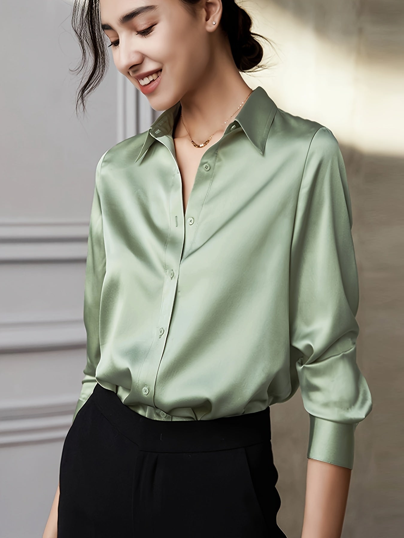 Satin Button Front Shirt, Elegant Long Sleeve Lapel Shirt For Spring & Fall, Women's Clothing