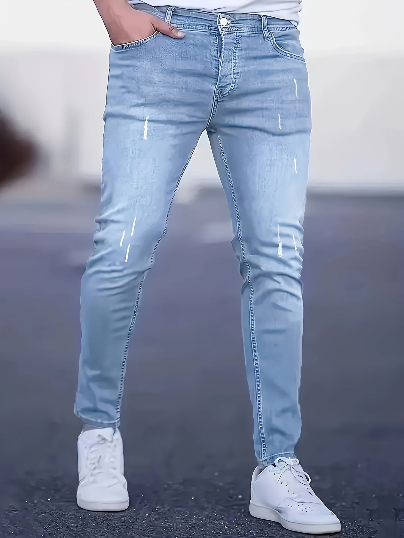 Men's Casual Light Ankle-Length Denim Jeans, Slim Fit Slightly Stretch Jeans, Fashion Street Wear For Everyday Outfits