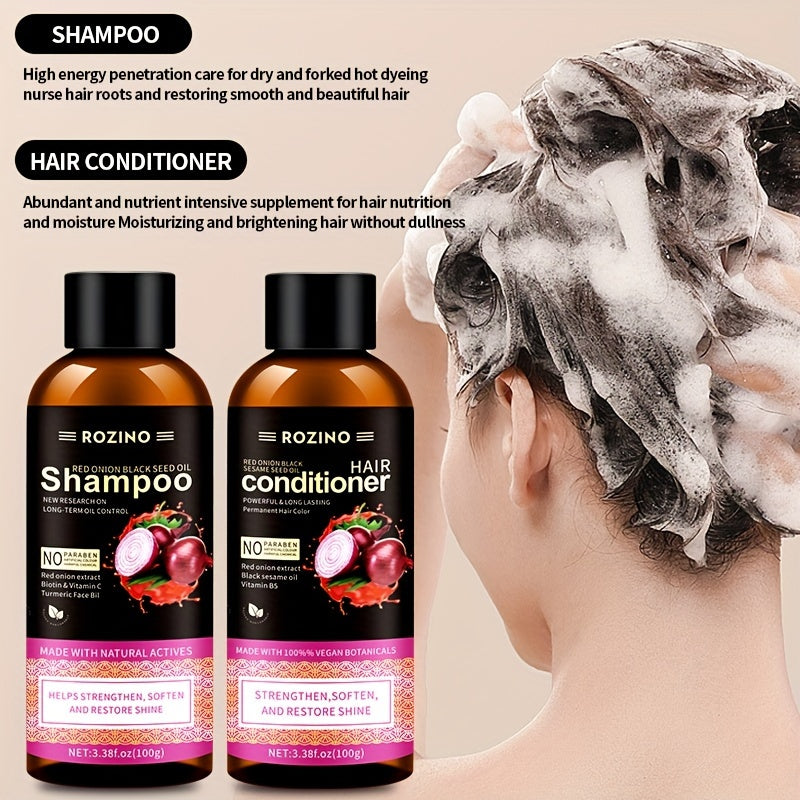 2pcs/Set Red Onion Black Seed Oil Wash And Care Set, Natural Onion Extracts For Deep Moisturizing Hair, Healthy Hair, Making Hair Natural And Smooth, travel essential