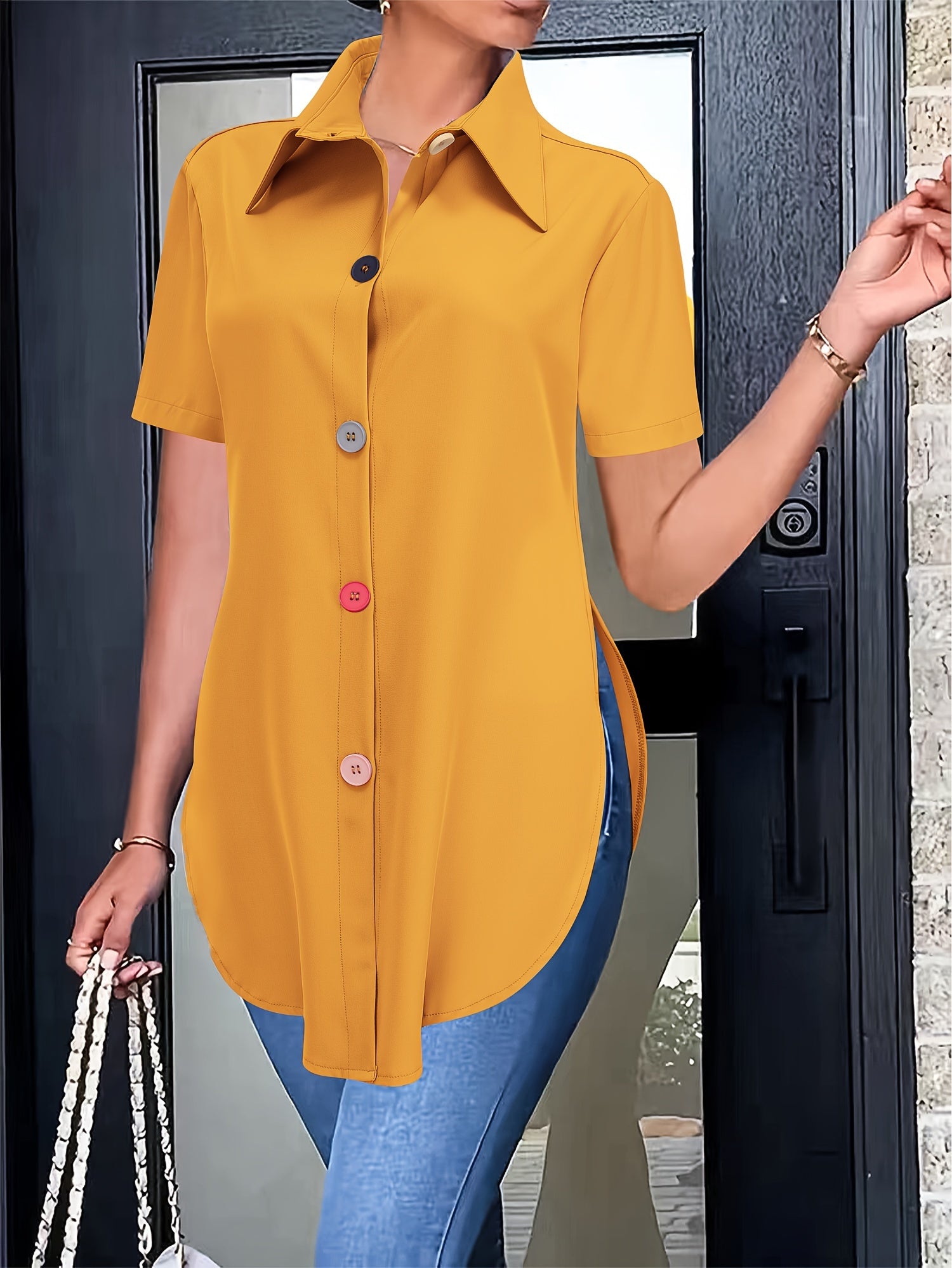 Solid Color Button Front Shirt, Casual Short Sleeve Shirt For Spring & Summer, Women's Clothing