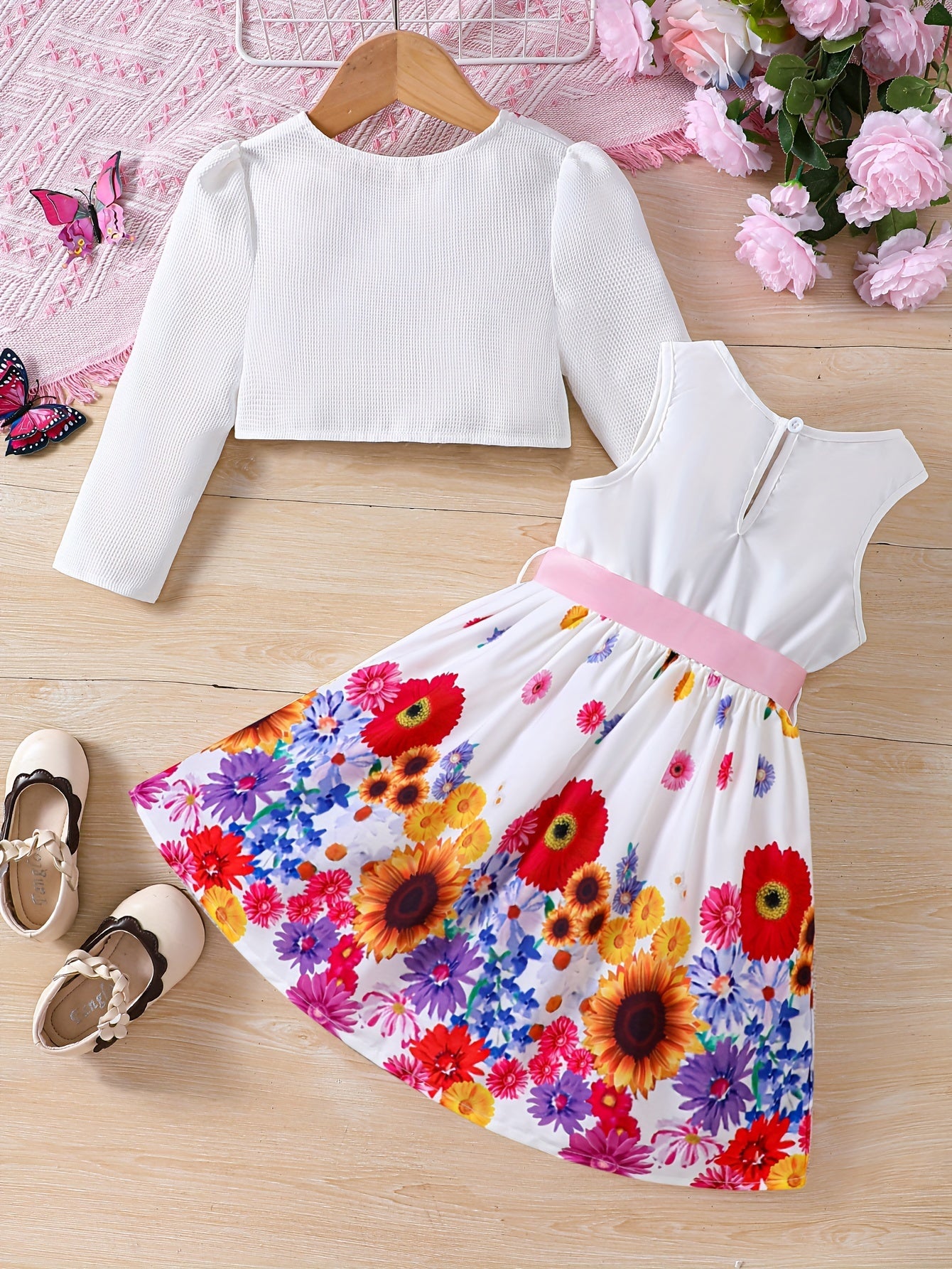 Girls Adorable Long Sleeve Cardigan & Floral Sundress Set - Soft & Stylish Two-piece Outfit for Daily Summer Adventures