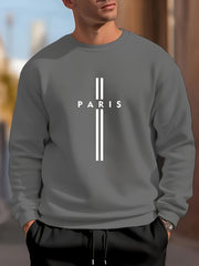 PARIS Letter Print Men's Crew Neck Long Sleeve Sweatshirt, Trendy Pullover Sweatshirt, Casual Comfy Versatile Top For Spring & Autumn, Outdoor Sports