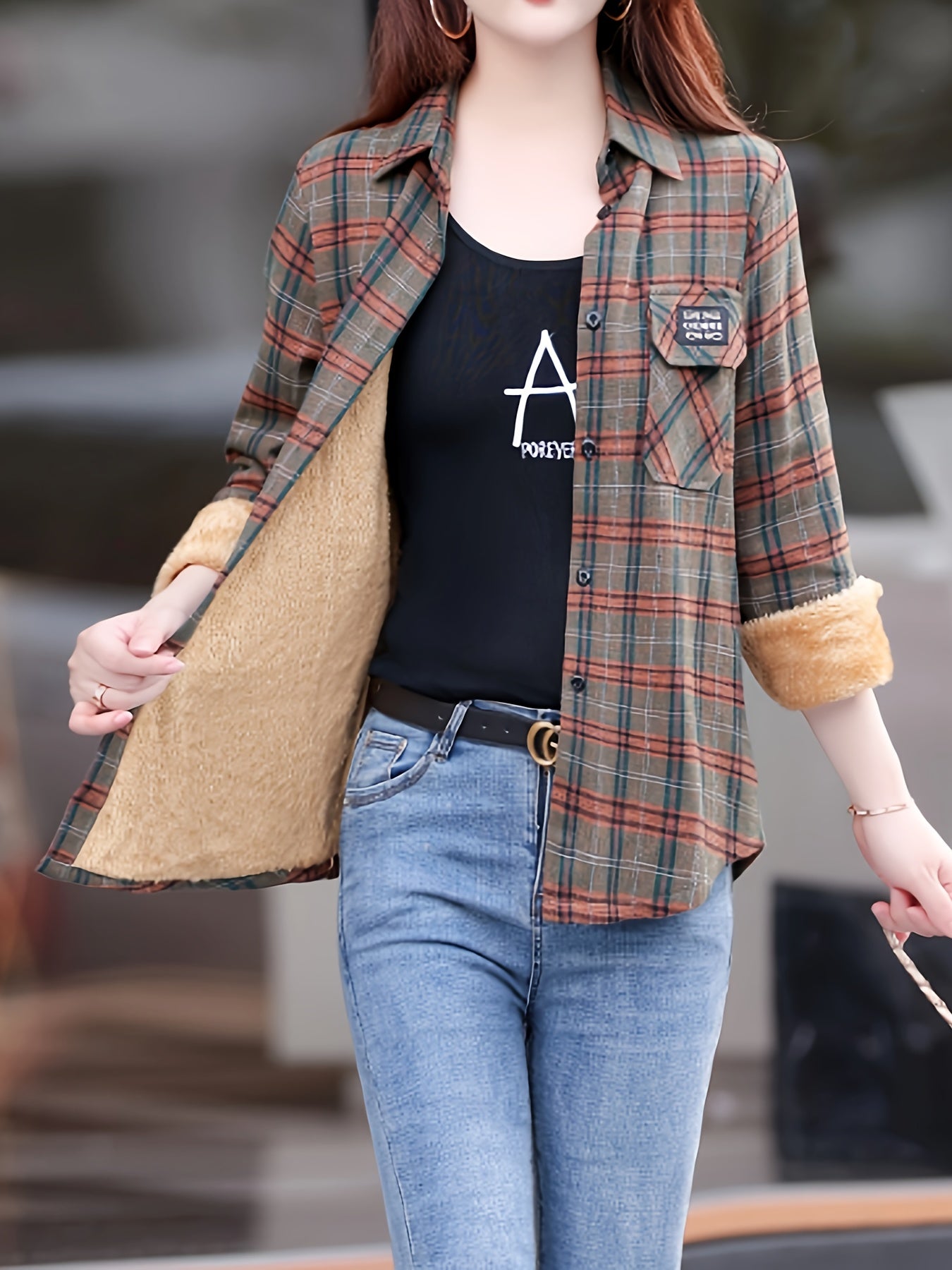 Plaid Print Button Front Blouse, Casual Long Sleeve Blouse For Spring & Fall, Women's Clothing