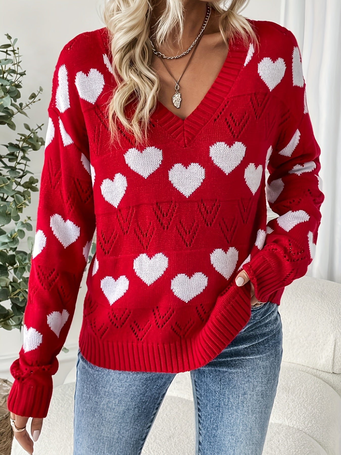 Heart Pattern V Neck Sweater, Casual Eyelet Embroidered Long Sleeve Sweater For Fall & Winter, Women's Clothing