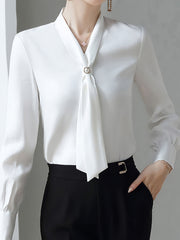 Solid Tie Decor Beaded V-neck Blouse, Elegant Long Sleeve Blouse For Spring & Fall, Women's Clothing