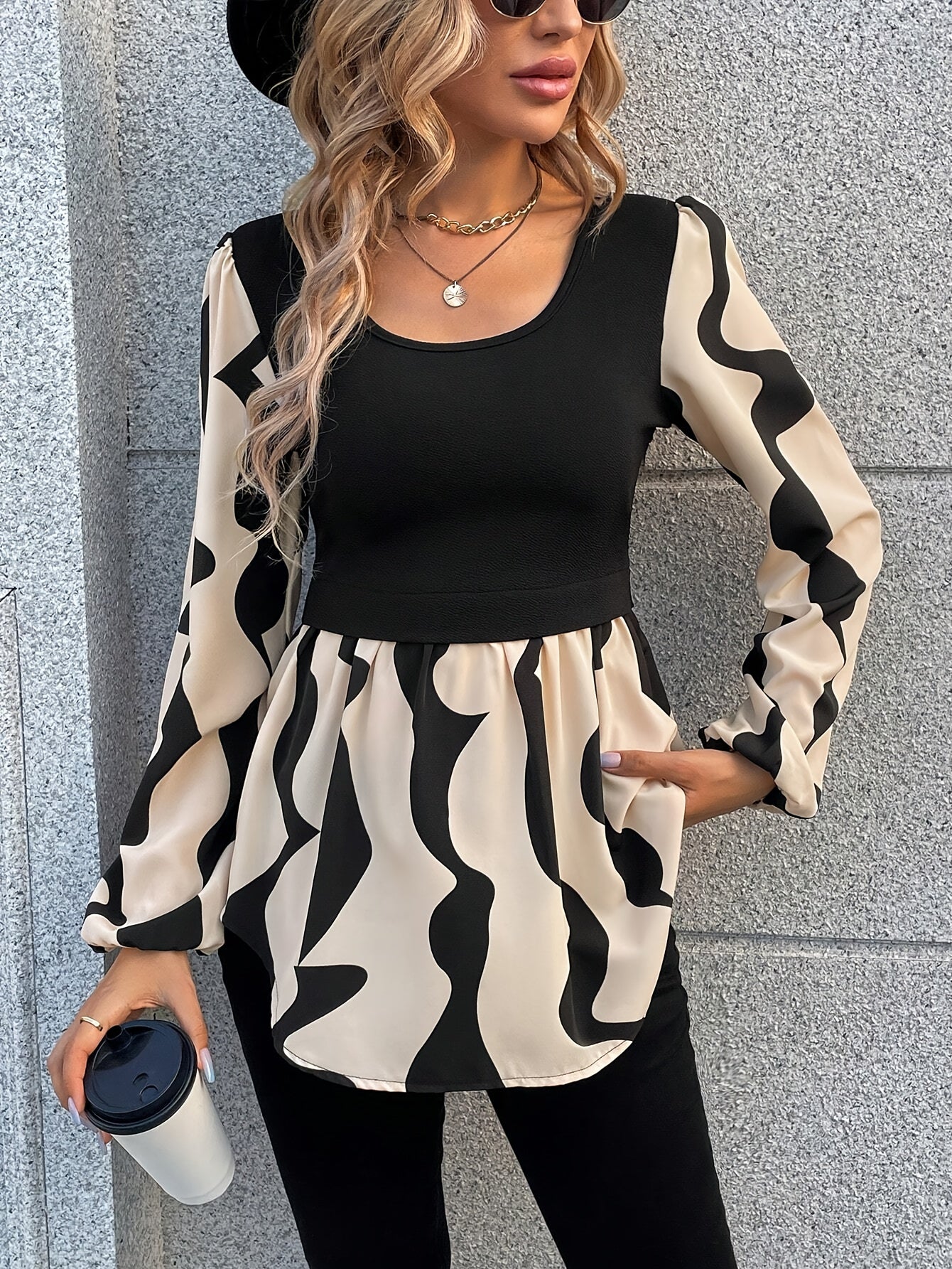 Abstract Print 2 In 1 Blouse, Elegant Scoop Neck Long Sleeve Flare Top For Spring & Fall, Women's Clothing