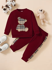 Adorable 2pcs Outfit For Toddler Girls & Boys - Bear Embroidery Sweatshirt & Splicing Pants!