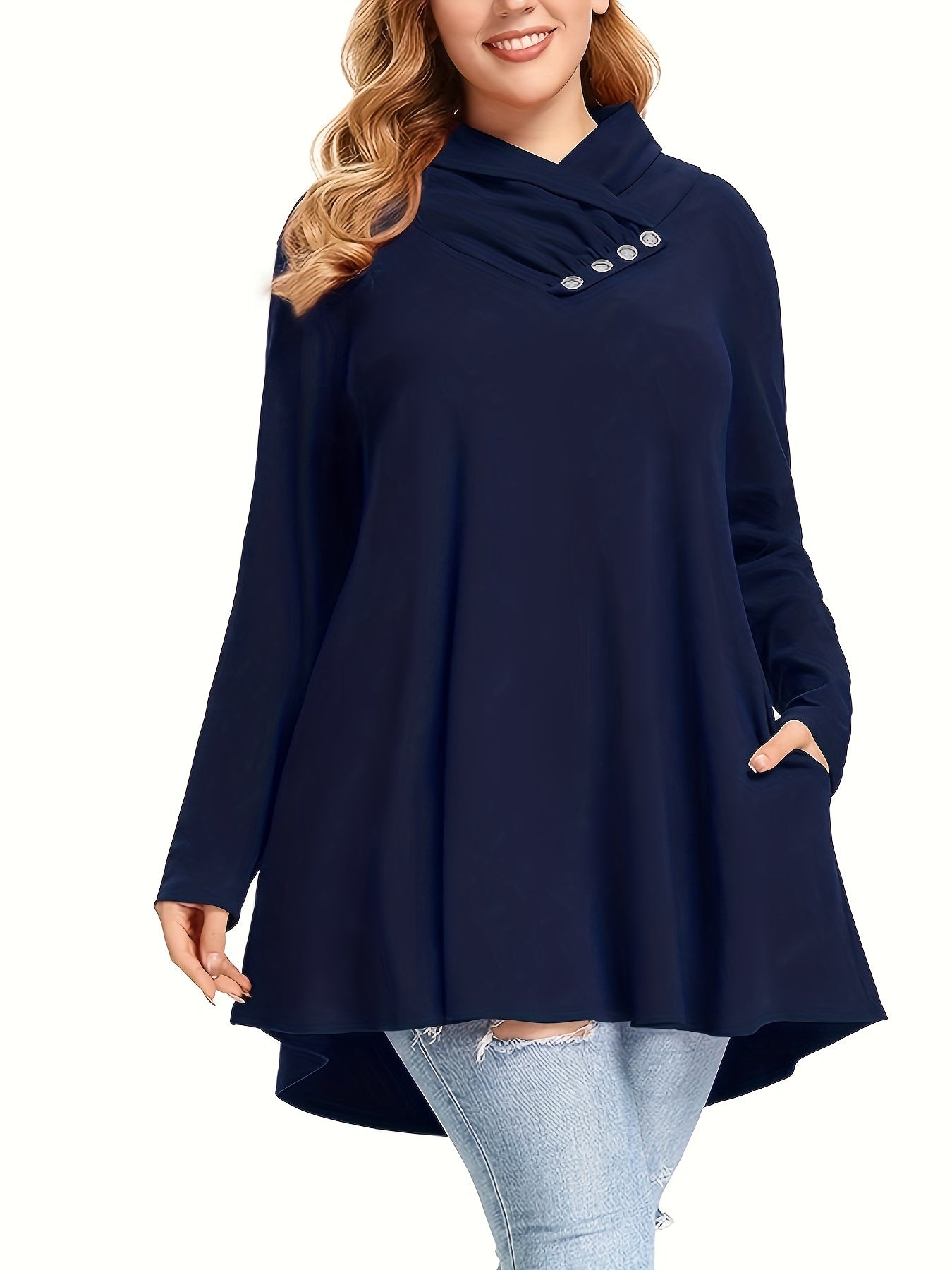 Plus Size Button Decor T-Shirt, Casual Criss Cross Neck Long Sleeve Top For Spring & Fall, Women's Plus Size Clothing