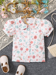 Young Girls Ditsy Floral Doll Collar Puff Short Sleeve Shirt Cute Blouse For Spring Summer